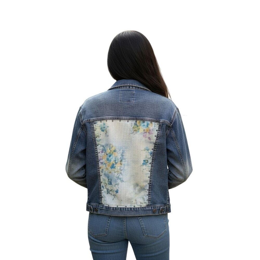 Mechant denim jean Jacket size M  blue inset print ‎ floral studded